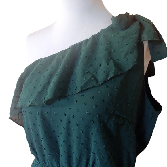 NWT BTFBM Green One Shoulder Tiered Frill Ruffle Swiss Dot Flowy Mini Dress L - Picture 4 of 10